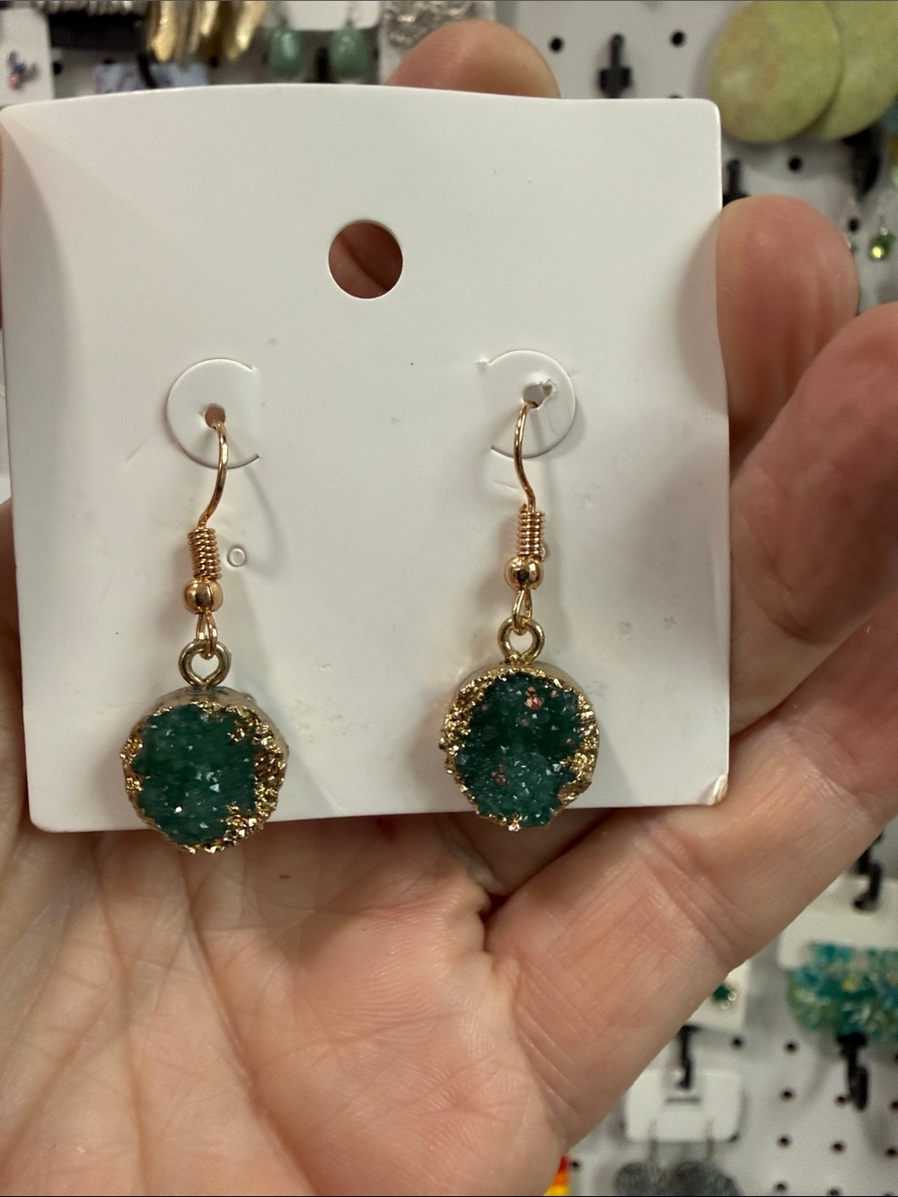 TEAL GREEN DRUZY QUARTZ DANGLE ROUND DROP HOOK EARRINGS GOLD LEAF EDGING NEW